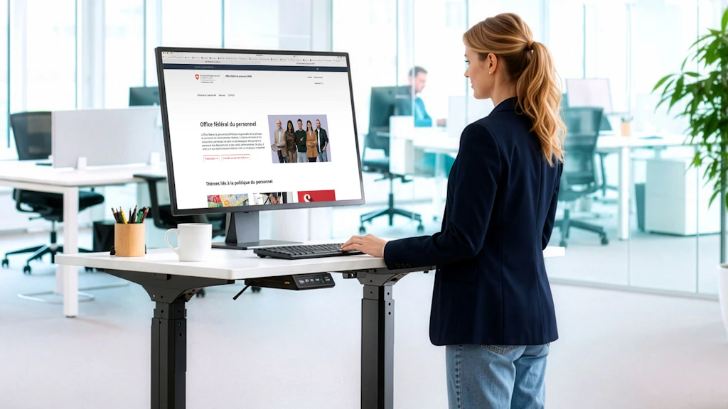 Femme debout à un bureau réglable en hauteur travaillant sur un grand écran dans un bureau moderne