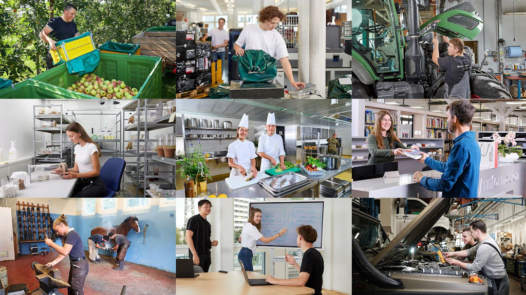 Un collage présentant 9 profils professionnels illustre les métiers proposés en apprentissage.